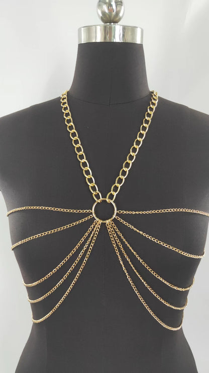 2025  MW3051 2025 vest fashion small ring connected with multiple fringed chains neck top small vest body chain