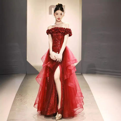 VAKKV Black off-Shoulder Evening Dress  New Light Luxury Sequined High Sense Banquet Host Art Exam Annual Meeting Dress