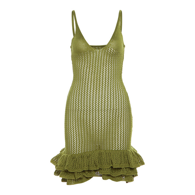 European and American Style 2024 Summer New Women's Sexy Hot Girl Strap Backless V-neck Low-Cut High Waist Bud Dress