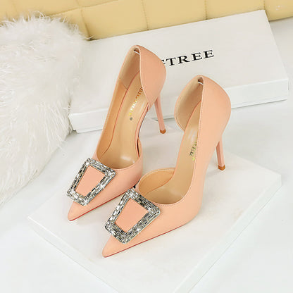 2025 626-K10  style banquet fashion high heels thin heel shallow mouth pointed side hollow metal rhinestone buckle single shoes