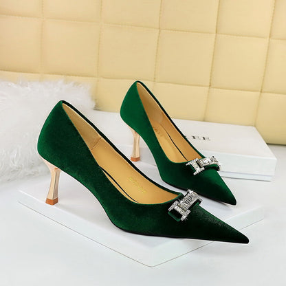 2025 1818-K80 banquet women's shoes high heels Xishi suede shallow mouth pointed rhinestone buckle metal decorative high heel single shoes