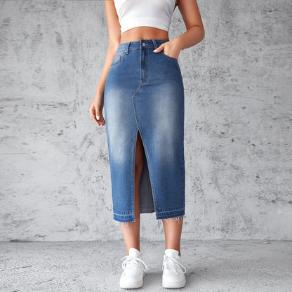 VAKKV Spot factory direct sales, 2025 New blue denim skirt, skirt for women, split ends, hip wrapping, a-shaped skirt, thin long skirt