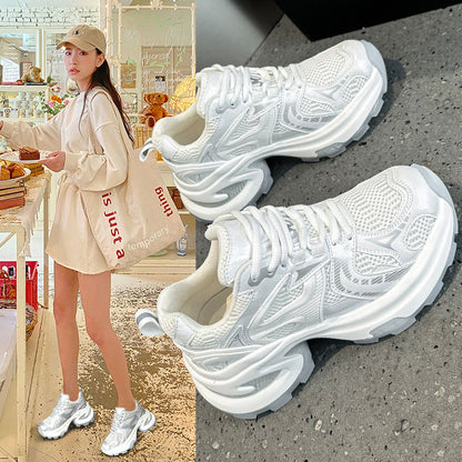 2025 spring and summer trendy silver thick-soled heightening dad shoes women's mesh breathable versatile casual sports shoes ins