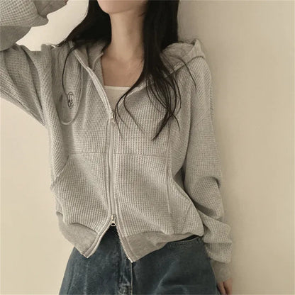 VAKKV Manufacturer black small loose zipper cardigan jacket on clothes Korean version hooded thin waffle sweater women