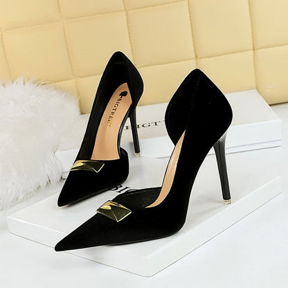 2025 1363-AK81  women's shoes thin heel high heel shallow mouth pointed side hollow metal decoration thickened suede single shoes