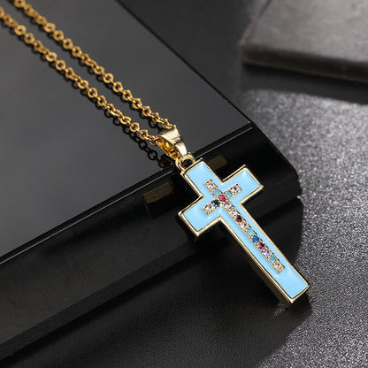 INS Vintage Gold Cross Necklace Personalized Pendant Zircon European and American Style Necklace Special-Interest Design Titanium Steel Clavicle Chain