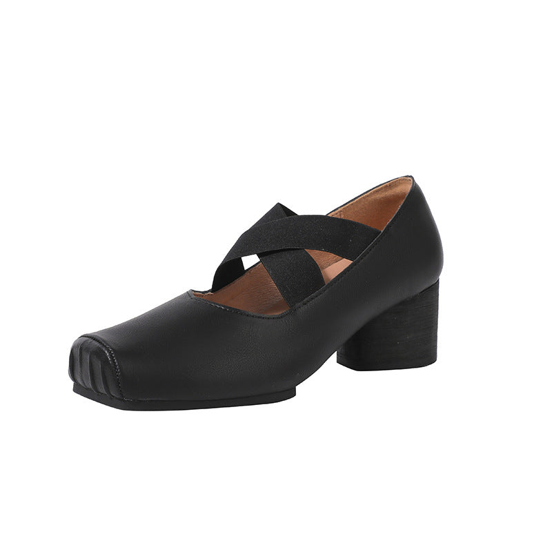 Genuine Leather Mary Jane Women's Shoes  New Cross Strap Square Head Pleated Ballet Slipper High-Heeled Outdoor Pumps Women