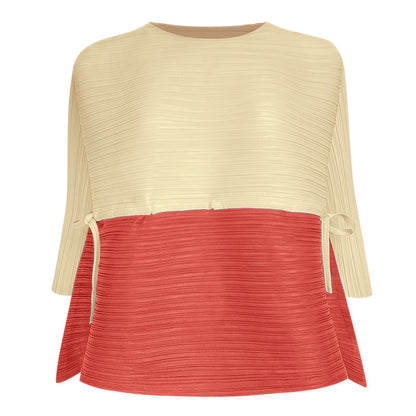 High-end splicing drawstring top, new spring spring loose contrasting color T-shirt, niche design women's clothing