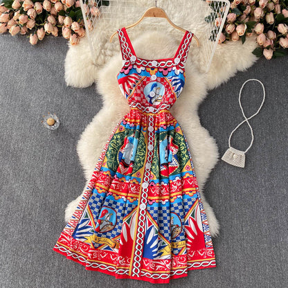 VAKKV Vintage Straps Red Dress Summer Women Holiday Dress P218