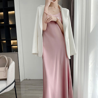 24 New High end Acetic Acid Sling Skirt Women's Long Off Shoulder Satin Sling Dress Mid length Summer Women's Outwear