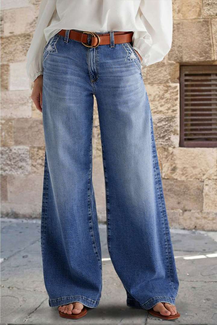 VAKKV 2025 spring new 2025 cross-border retro wide-leg jeans women's embroidered elastic straight pants casual trousers
