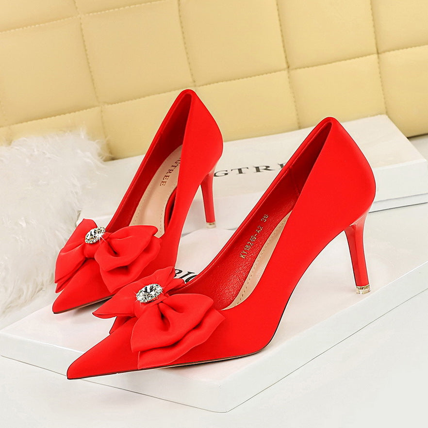 2025 18249-H33 Korean version of fashion banquet high heels thin heel shallow mouth pointed rhinestone bow high heel single shoes women