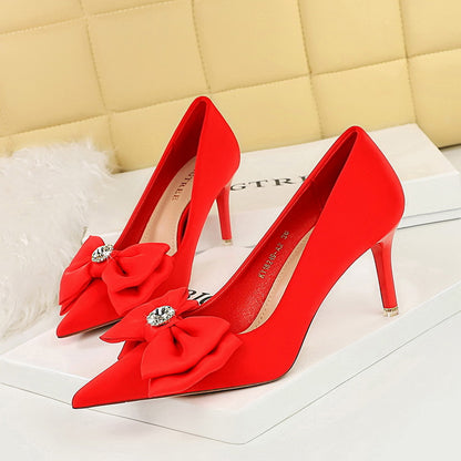 2025 18249-H33 Korean version of fashion banquet high heels thin heel shallow mouth pointed rhinestone bow high heel single shoes women