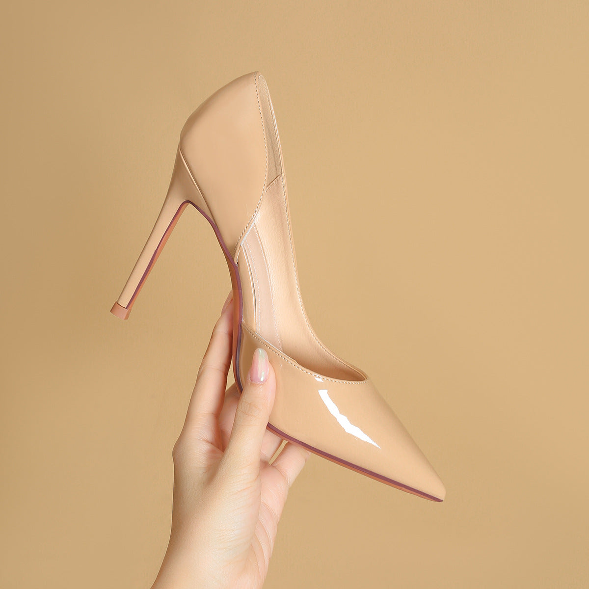 Side Empty Nude High Heels Female  New Girl  Stiletto Heel All-Matching Sexy Pointed Mesh Red Patent Leather Pumps