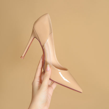 Side Empty Nude High Heels Female  New Girl  Stiletto Heel All-Matching Sexy Pointed Mesh Red Patent Leather Pumps