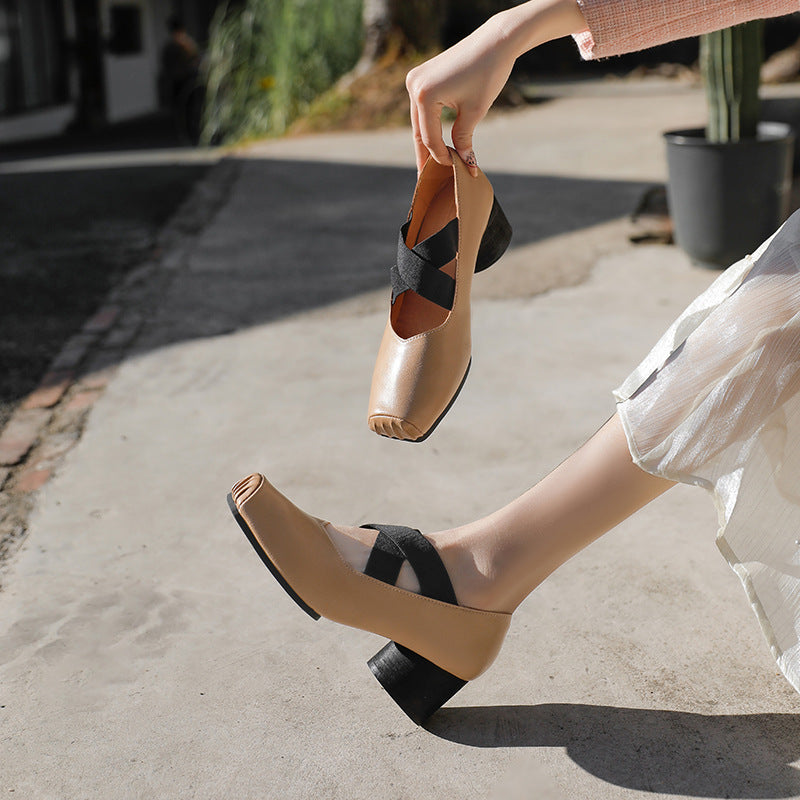 Genuine Leather Mary Jane Women's Shoes  New Cross Strap Square Head Pleated Ballet Slipper High-Heeled Outdoor Pumps Women