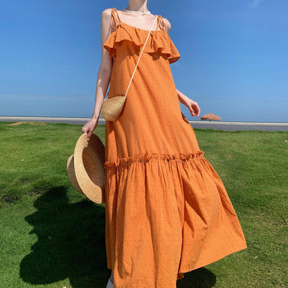 2025 fungus edge suspender dress summer Sanya travel seaside vacation temperament loose orange beach dress