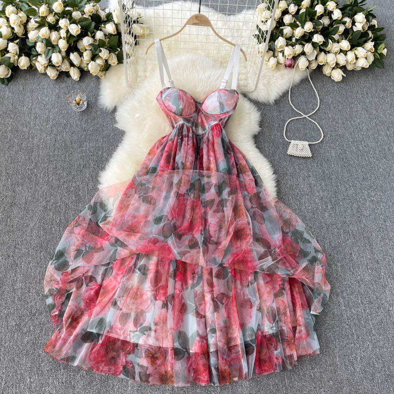 VAKKV Sexy Spaghetti Straps Pink Floral Dress Summer Women Holiday Dress P217