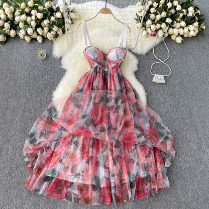 VAKKV Sexy Spaghetti Straps Pink Floral Dress Summer Women Holiday Dress P217
