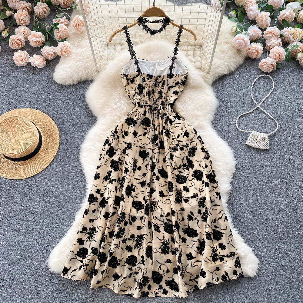 VAKKV Vintage Black Floral Dress Summer Women Holiday Dress P224
