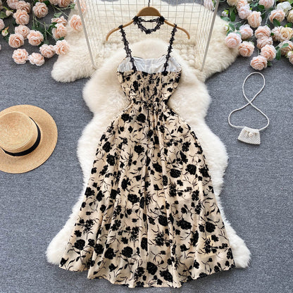 VAKKV Vintage Black Floral Dress Summer Women Holiday Dress P224