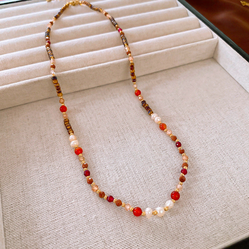 New Chinese Style Light Luxury Agate Pearl Crystal Necklace Versatile High-Grade Clavicle Chain Niche Ethnic Style Jewelry Wholesale