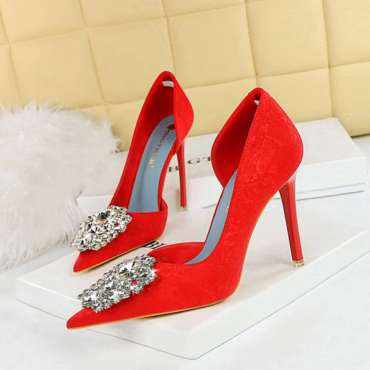 2025 6168-K11  style high heels banquet women's shoes thin heel high heel shallow mouth pointed side hollow rhinestone single shoes women