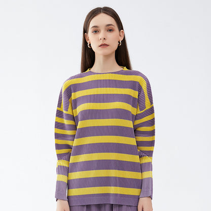 spring new Japanese crew neck striped sweater women's loose long-sleeved casual and thin pleated women's top