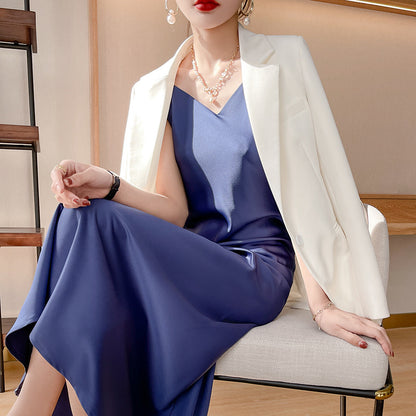 24 New High end Acetic Acid Sling Skirt Women's Long Off Shoulder Satin Sling Dress Mid length Summer Women's Outwear