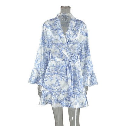 VAKKV 2025 Popular trade pajamas spring long-sleeved ruffle edge pajamas new Chinese-style printed fashion women's loungewear