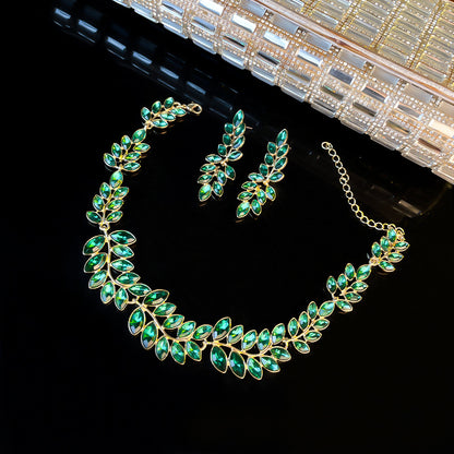 Glass Rhinestone Green Forest Earrings and Necklace Set Light Luxury Middle-Ancient Leaves Clavicle Chain Design Sense Fashion Women