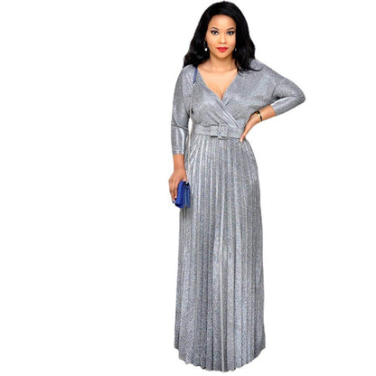 2025 spring New Popularan, 2025n and African women's fashion long-sleeved bronzing pleated pendulum skirt with belt bright pink dress