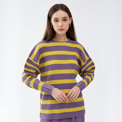spring new Japanese crew neck striped sweater women's loose long-sleeved casual and thin pleated women's top
