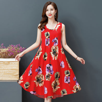 Large Size Bourette Vest Dress Summer New Ethnic Style Women's Clothing Artistic Retro Printing Sleeveless Swing Long Dress