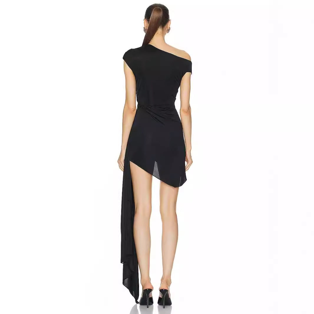 New Women's Clothing 2024 Spring/Summer Black Oblique Shoulder Flower Rhinestone-Embedded Dress High Sense Birthday Party Dress