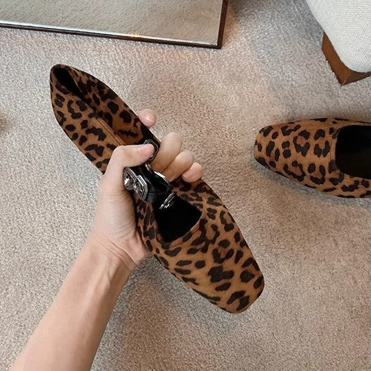 2025 Sheepskin version~ Retro single shoes women's niche design temperament square head shallow mouth leopard print Korean diamond belt Mary Jane shoes