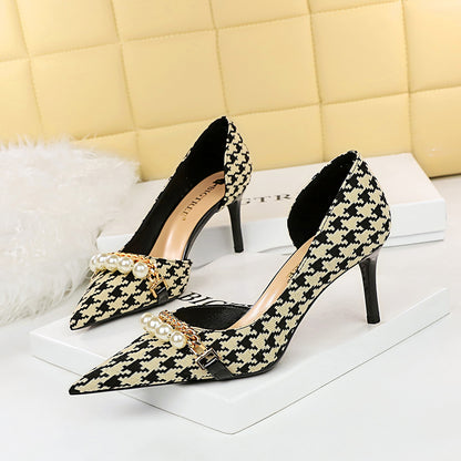 2025 8829-A1 [Customized] Korean version high heel shallow mouth side hollow cloth plaid pattern pearl metal chain thousand bird grid