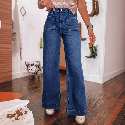 VAKKV 2025 cross-border  spring 2025 new dark blue high-waisted wide-leg jeans women's fashion retro straight-leg pants
