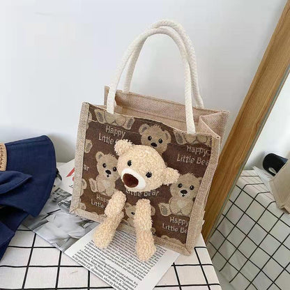 VAKKV Japanese ins cute bear lunch box bento bag  new fashion canvas Internet celebrity cartoon popular tote bag