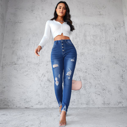 VAKKV 2025 New high-waisted tight jeans women's popular spring slim-fitting blue breasted small-footed pants pencil pants