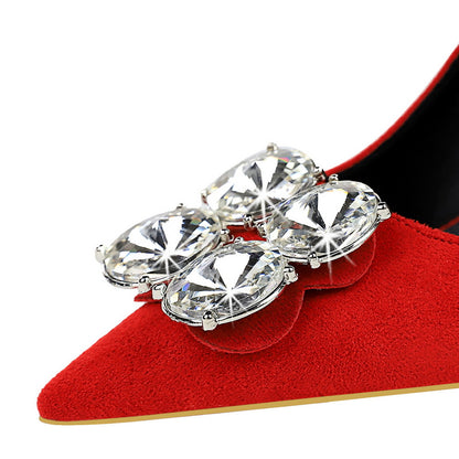 2025 9511-K59 Korean version of fashion banquet high heels stiletto ultra-high heel suede shallow mouth pointed rhinestone single shoes women's shoes
