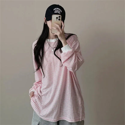 VAKKV Manufacturer's reversion Korean version of round neck striped sweater women's spring and autumn loose design sense versatile thin jacket trendy brand velvet