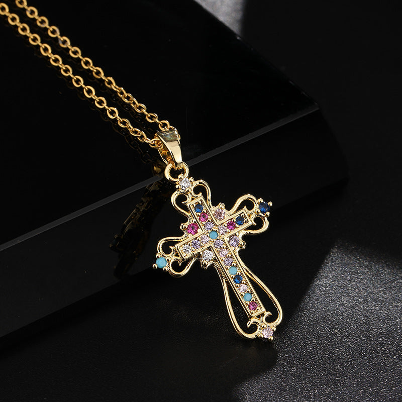 INS Vintage Gold Cross Necklace Personalized Pendant Zircon European and American Style Necklace Special-Interest Design Titanium Steel Clavicle Chain