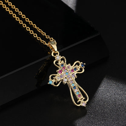 INS Vintage Gold Cross Necklace Personalized Pendant Zircon European and American Style Necklace Special-Interest Design Titanium Steel Clavicle Chain