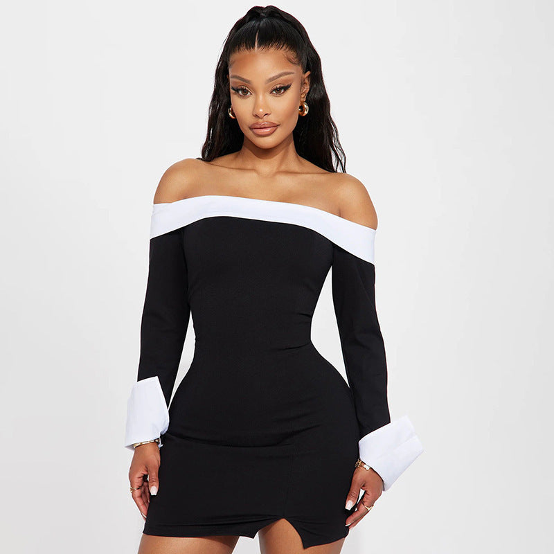 VAKKV 2025 style New women's clothing autumn and winter new fashion contrasting colors one-word shoulder long sleeves slim hip short dress women
