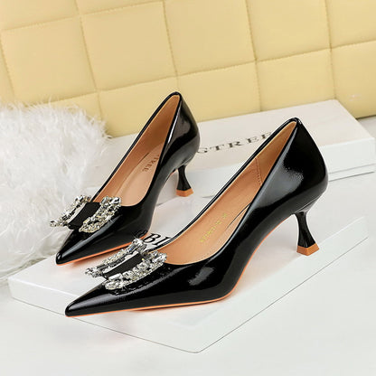 2025 1961-K72  style fashion light luxury banquet women's shoes thin heel middle heel shallow mouth pointed metal rhinestone buckle single shoes