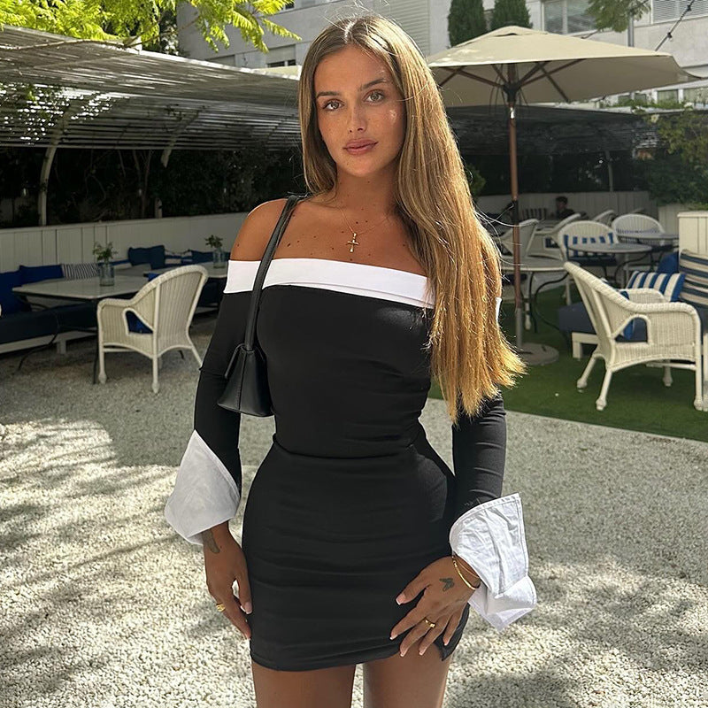 VAKKV 2025 style New women's clothing autumn and winter new fashion contrasting colors one-word shoulder long sleeves slim hip short dress women
