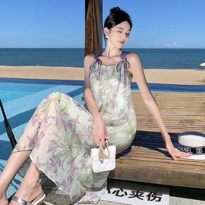 2025 Purple floral fairy summer sleeveless off-the-shoulder beach dress loose lazy vacation style daughter suspender dress
