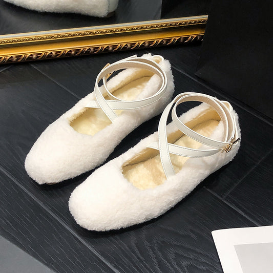 2025 Grape mother same cute lamb wool warm cross buckle inner height increase ballet plush wool shoes women's winter