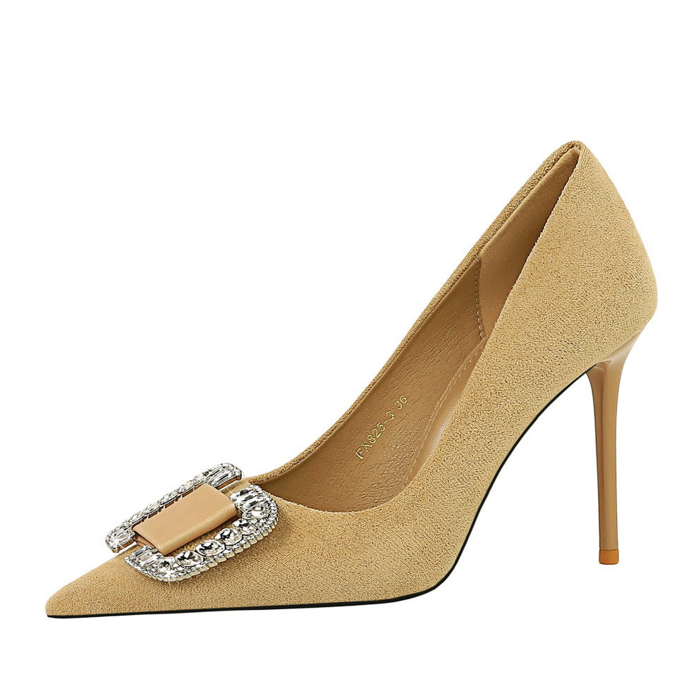 2025 825-K69 Korean version of fashion banquet high heels stiletto women's shoes suede shallow mouth pointed metal rhinestone buckle single shoes
